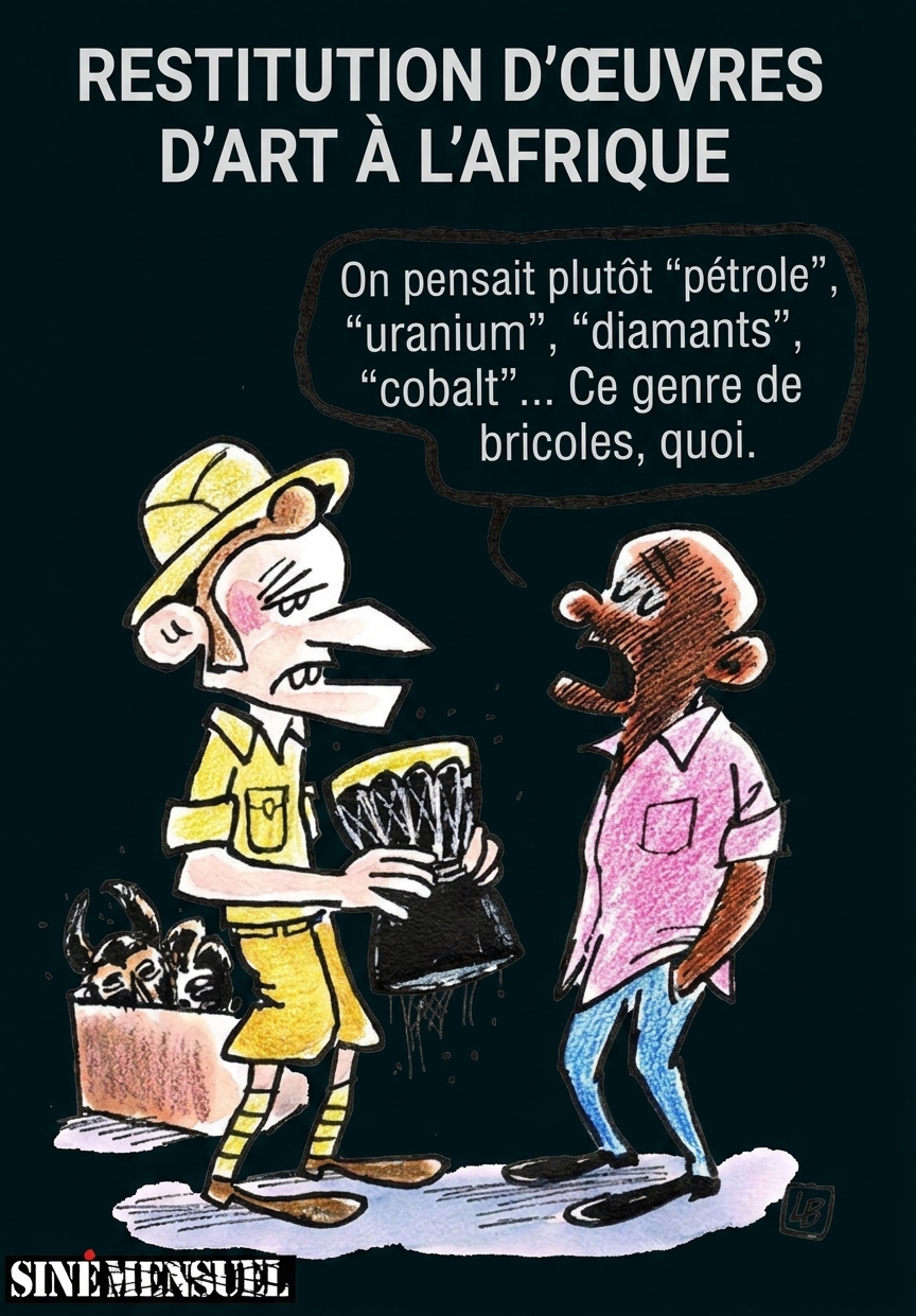 Cartoon: Mann in Safari übergibt afrikanische Maske an Mann, Sprechblase und Schriftzug zur Rückgabe von Kunst an Afrika